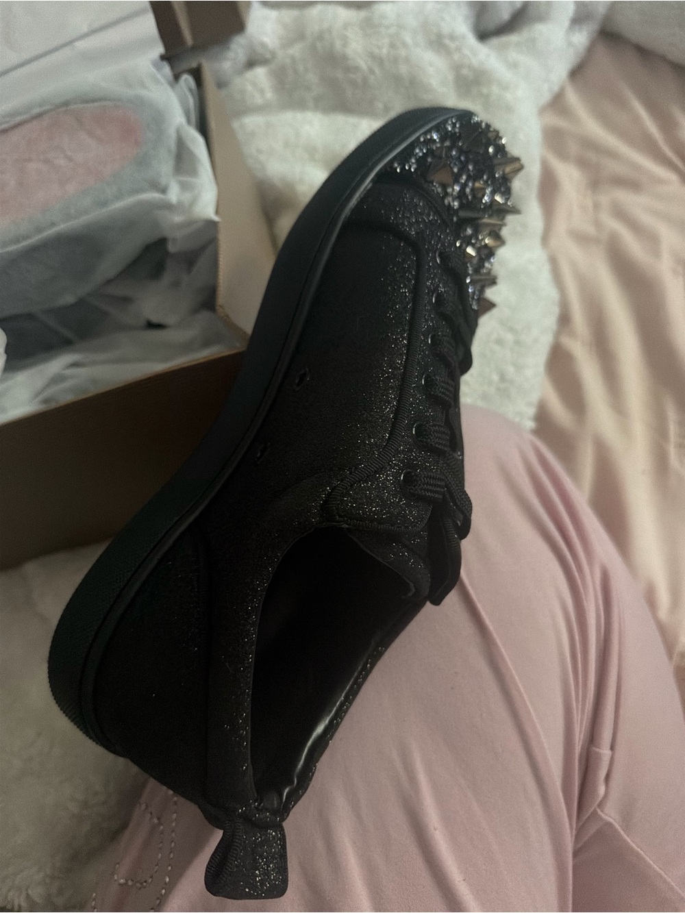 Christian Louboutin Black Glitter Spike Toe Sneaker